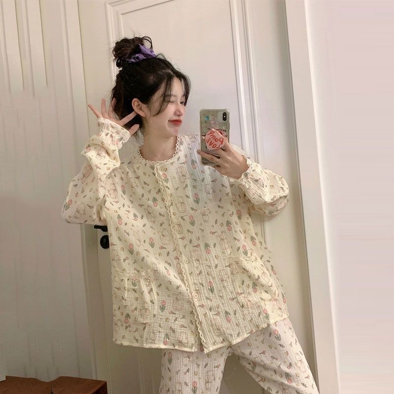 Oio ชุดใส่ในบ้านแขนยาวผ้าลูกไม้สไตล์ญี่ปุ่นน่ารักลายกระต่าย