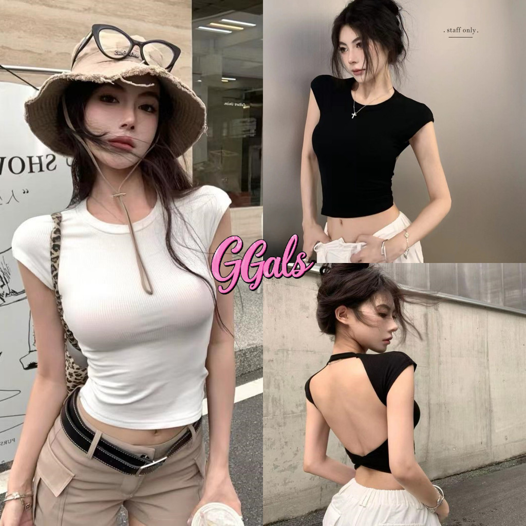 🌷GGals🌷เสื้อยืดแขนสั้น สีพื้น คอกลม มีฟองน้ำ เว้าหลัง เสื้อครอป เกาหลีสไตล์ ยืดตามตัว ใส่สบาย แฟชั่นฤดูร้อน#FY5037