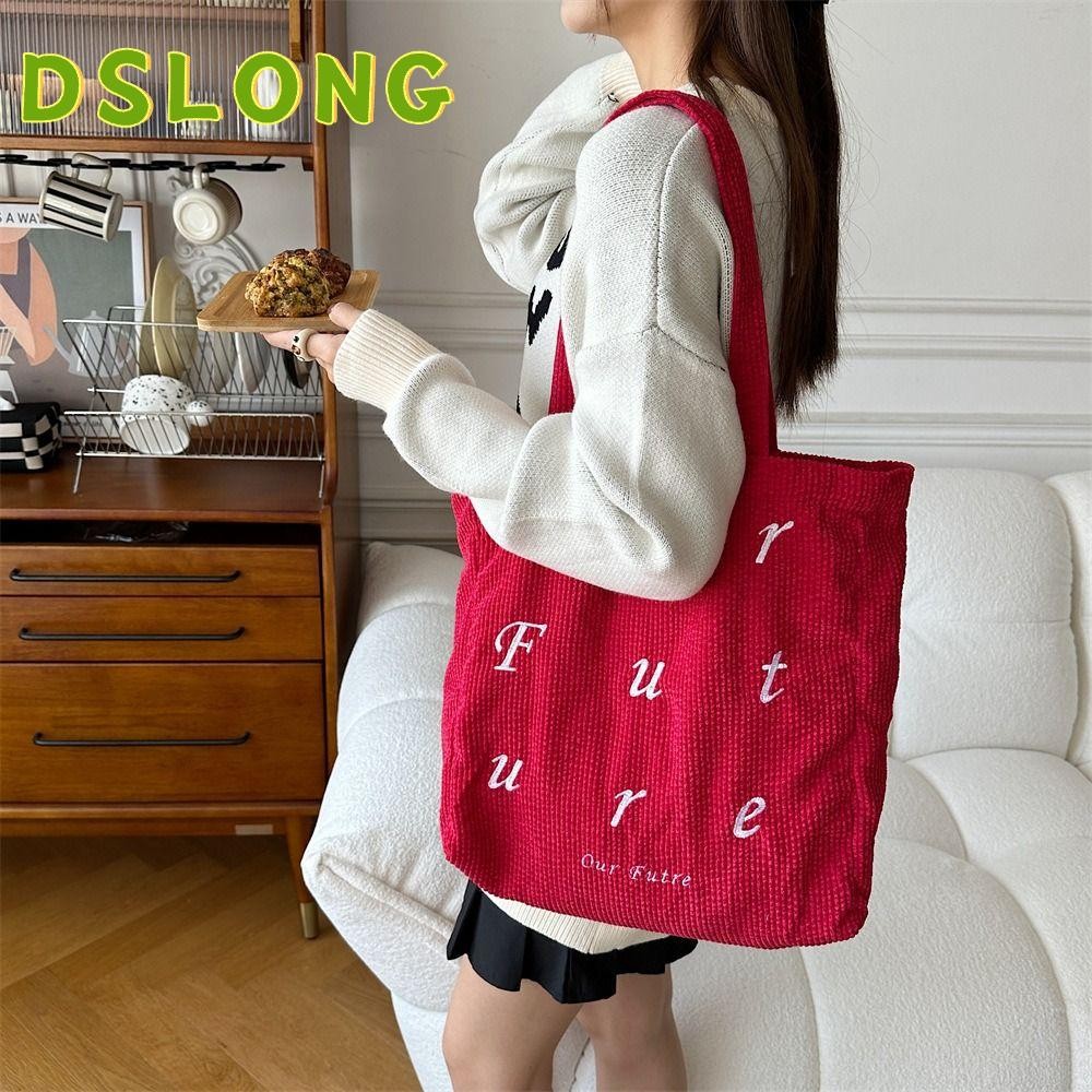 DSLONG กระเป๋าสะพาย, Corduroy ปักกระเป๋าถือความจุขนาดใหญ่, Fashion Letter Shopping Tote Bag Women
