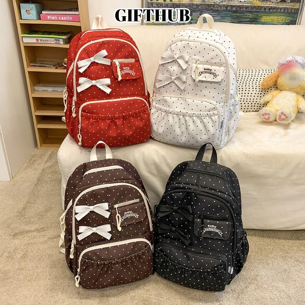 GIFTHUB กระเป๋านักเรียนนักเรียน,ความจุขนาดใหญ่ลายจุดโบว์สาวกระเป๋าเป้สะพายหลัง,แฟชั่นหลายช่องไนลอนป้องกันการโจรกรรมเดินทางคอมพิว
