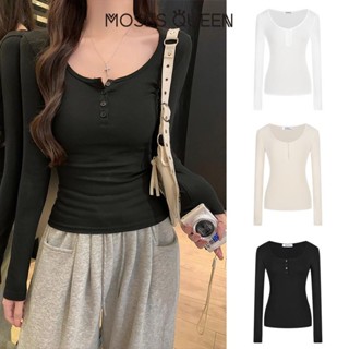 < Mosesqueen >Pure U-neck คอกึ่งเปิดแขนยาวของผู้หญิงใหม่ออกแ…