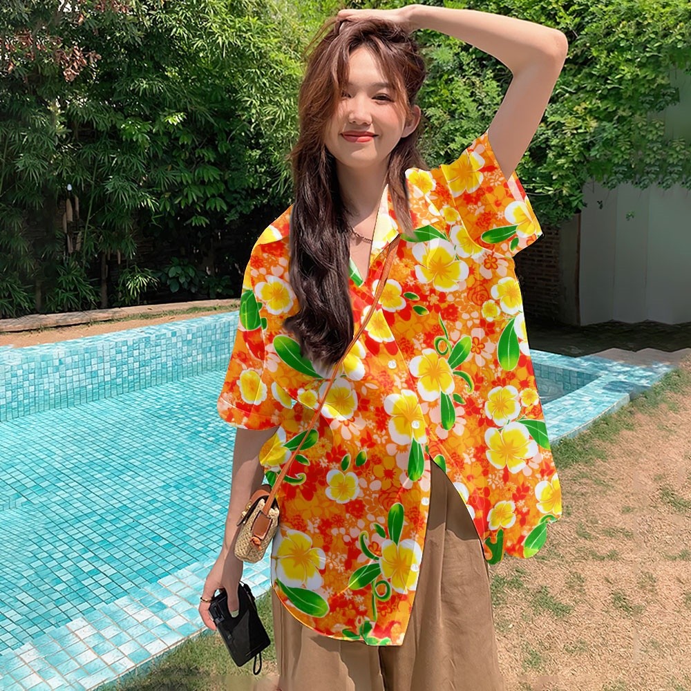 2568 Happy Water-Repellent เสื้อชีฟองเกาหลี Water-Repellent เสื้อแขนสั้นผู้หญิงฤดูร้อนดอกไม้พิมพ์ Sun Protection Robe เสื้อผ้าวันหยุดสาว Street เสื้อผ้า