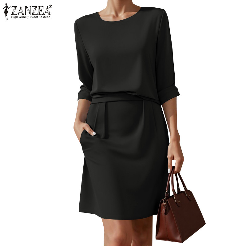 Zanzea ผู้หญิงวินเทจทํางาน OL คอกลมแขนกลางพร้อมกระเป๋าชุดเดรสทรงตรง