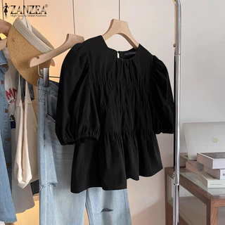 ZANZEA ผู้หญิงเกาหลีสตรีทอินเทรนด์คอกลมแขนโคมไฟจีบเสื้อประกบ