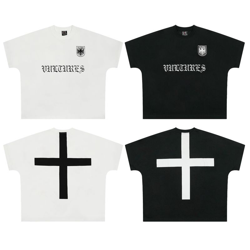 KANYE WEST VULTURES KANYE WEST VULTURES สินค้าหลวม Cross Eagle พิมพ์ผู้ชายผู้หญิงสไตล์เดียวกันเสื้อย