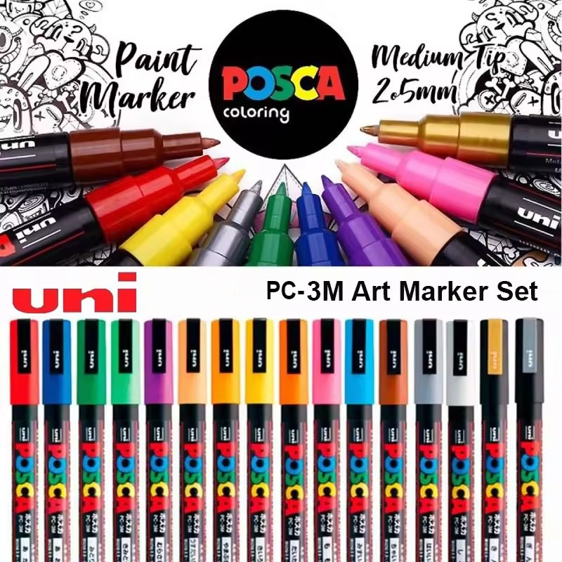 Uni Posca 3M Markers ชุดสีกันน้ําและชั้นได้หลังจากการอบแห้งความงาม Graffiti ชุดปากกาวาดภาพอุปกรณ์ศิลปะสําหรับเด็กศิลปิน