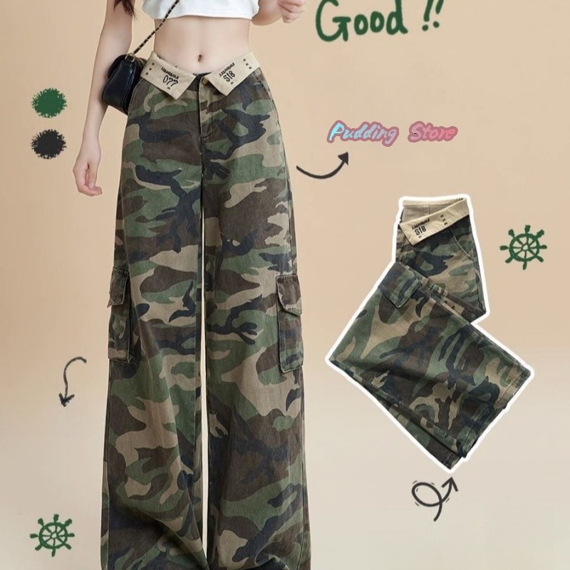 Pudding Store~พร้อมส่ง' กางเกงขายาว เอวสูงพับ ลายทหาร ทรงกระบอก ลายเท่-NZ1705