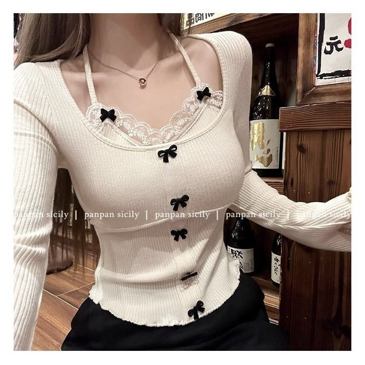 ดี รอน 2x2 เสื้อคล้องคอผ้าลูกไม้ปลอมสองชิ้นสำหรับผู้หญิง ฤดูใบไม้ร่วงต้น เสื้อโบว์หวานเผ็ดสำหรับเพื่