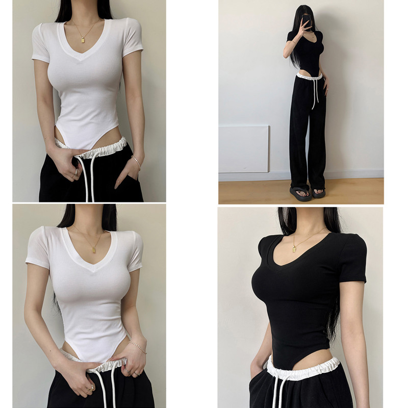 เซ็กซี่คอวีแน่นสีทึบ ชุดจั๊มสูท ผู้หญิงแขนสั้นเสื้อยืดด้านบน