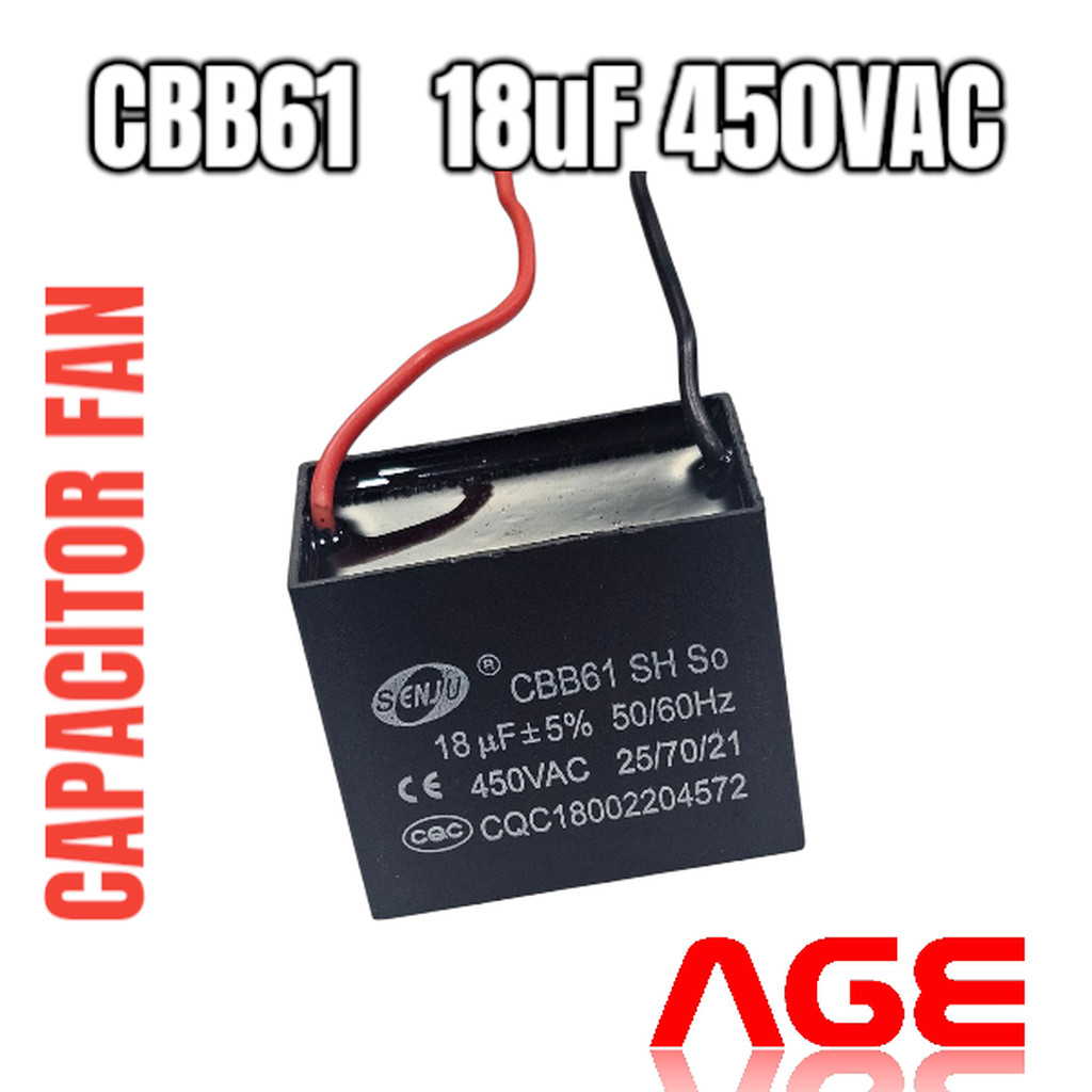 CAPACITOR พัดลม CBB61 18UF 450VAC แบบมีสาย SENJU