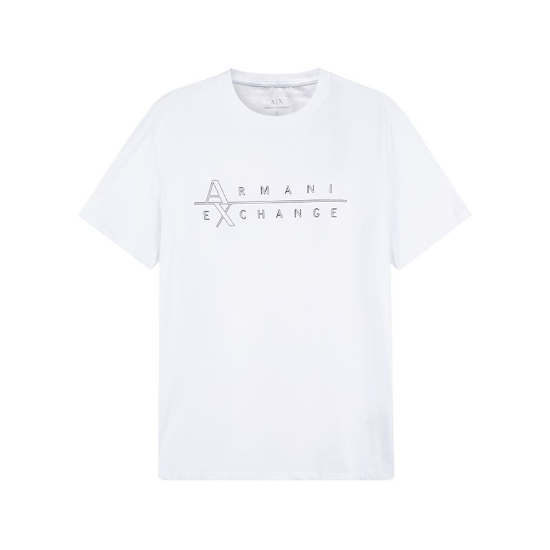 Armani Exchange โลโก้ผู้ชาย Offset พิมพ์รอบคอแขนสั้นเสื้อยืดฤดูร้อนผ้าฝ้ายแท้ Breathable