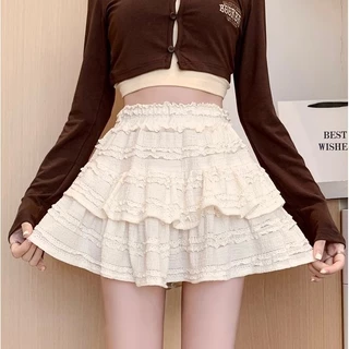 กระโปรงบัลเล่ต์ M-4XL กระโปรงระบาย มีซับในกางเกง แต่งลูกไม้ ลุคสุดหวาน/เที่ยวคาเฟ่ สาวอวบใส่ได้