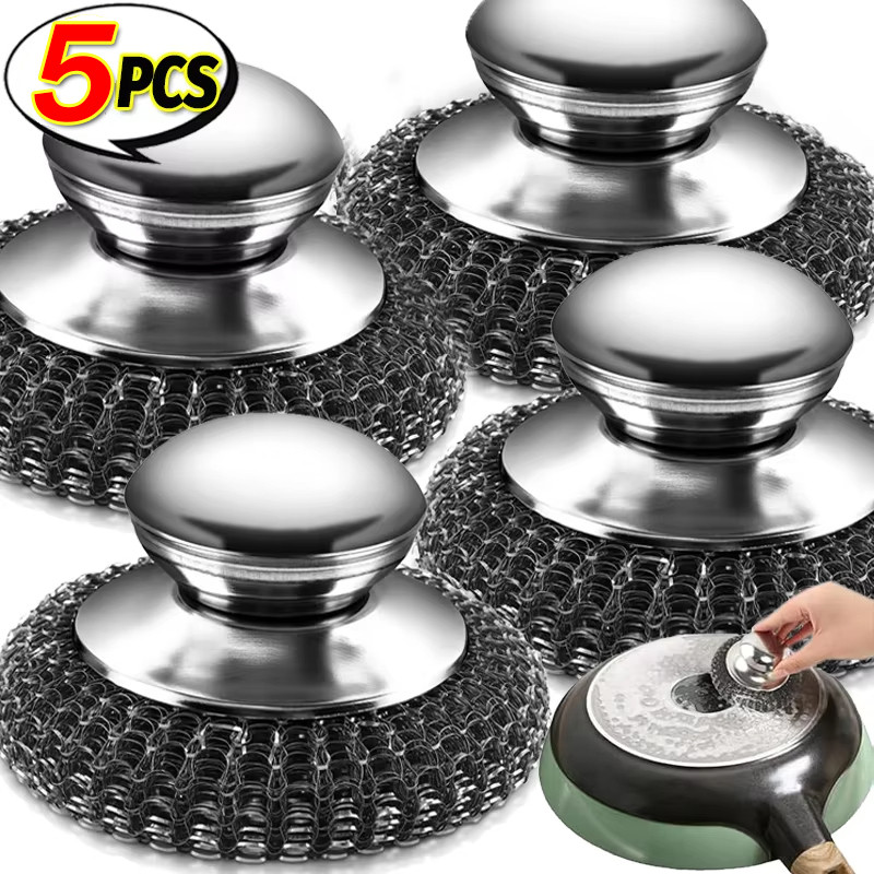 แปรงกําจัดสิ่งสกปรกบนสําหรับห้องครัว | น้ํายาทําความสะอาดหม้อสแตนเลสพร้อมที่จับกลม, แผ่นขนสัตว์เหล็ก 10 ซม. สําหรับกําจัดคราบ ดื้อรั้น ที่มีประสิทธิภาพไม่ทําให้รอยขีดข