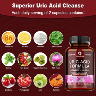 Uric Acid Detox - Kidney Support - with Celery Seed & Tart Cherry - Cleanse - 30/60/120 Capsules