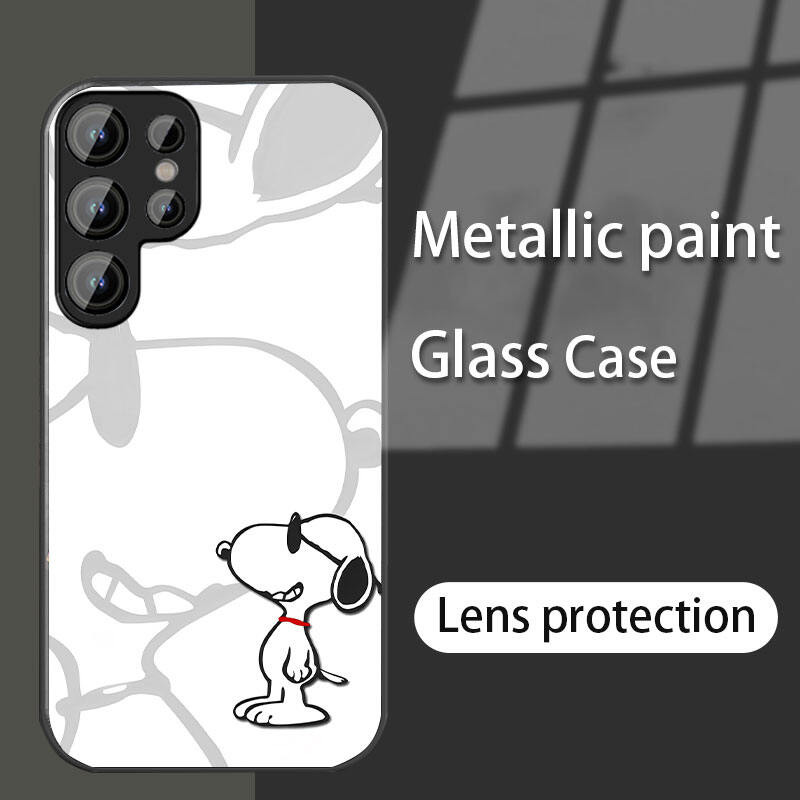 เคส Samsung S25Ultra S24Ultra A55 LensProtect TPU กรอบนุ่มและแผงหลังกระจก สีดำขาว Snoo-py สุนัขน่ารัก S23Ultra S22Ultra S23FE A34 A54 A53 A52 A14 ราคา ถูกที่สุด ดีลบีเคเค