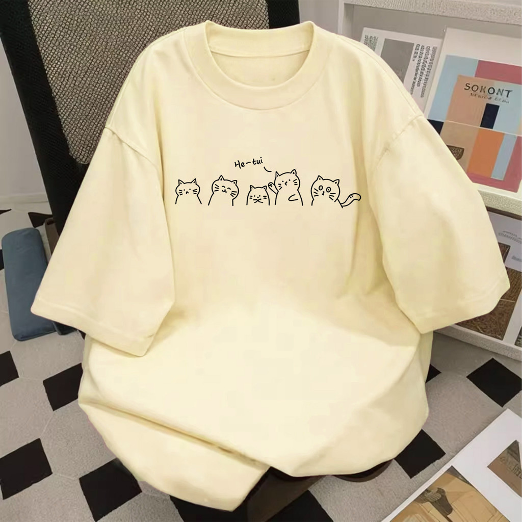 TeeTwoOneเสื้อน่ารัก เกาหลีสไตล์  "CAT" พิมพ์ลาย ผ้าCOTTON100% โคตรนุ่ม OVERSIZE เสื้อคอกลม เสื้อยืดผู้หญิง【COD】