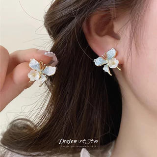 เดรเจว เข็มเงินไล่ระดับสีแก้วสีฟ้าลูกปัดผีเสื้อดอกไม้ต่างหูในฤดูร้อนต่างหูอารมณ์สด