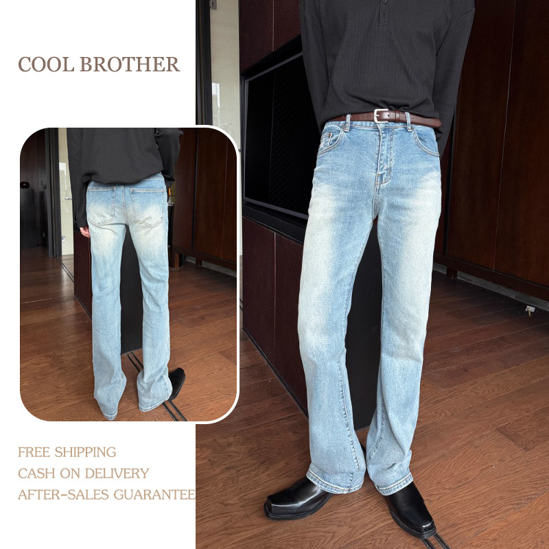 [COOL BROTHER]กางเกงยีนส์ชาย ลายล้างสูงเนื้อบาง สไตล์ใหม่ สลิมฟิตสบายสไตล์ถนนเย็นสีน้ําเงิน
