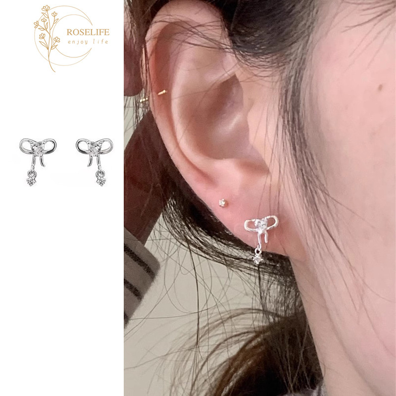 Roselife Delicate S925 เงินคริสตัลโบว์ต่างหูเจาะสําหรับผู้หญิงสาว Hypoallergenic Ear Studs 1 คู่