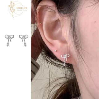 Roselife Delicate S925 เงินคริสตัลโบว์ต่างหูเจาะสําหรับผู้หญิงสาว Hypoallergenic Ear Studs 1 คู่