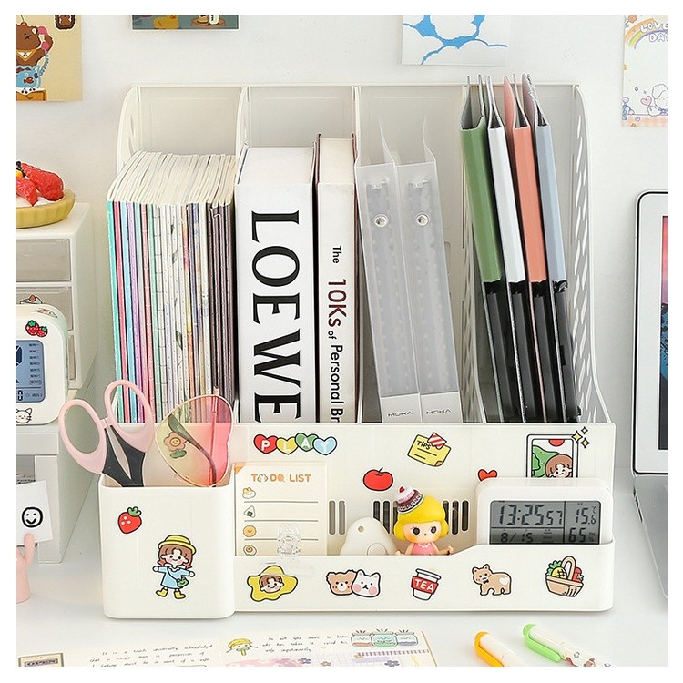 ชั้นวางหนังสือ 4ช่อง ชั้นจัดเก็บหนังสือ กล่องใส่แฟ้ม กล่องใส่เอกสาร แฟ้มใส่เอกสาร ที่ใส่เครื่องเขียน ที่ใส่หนังสือ