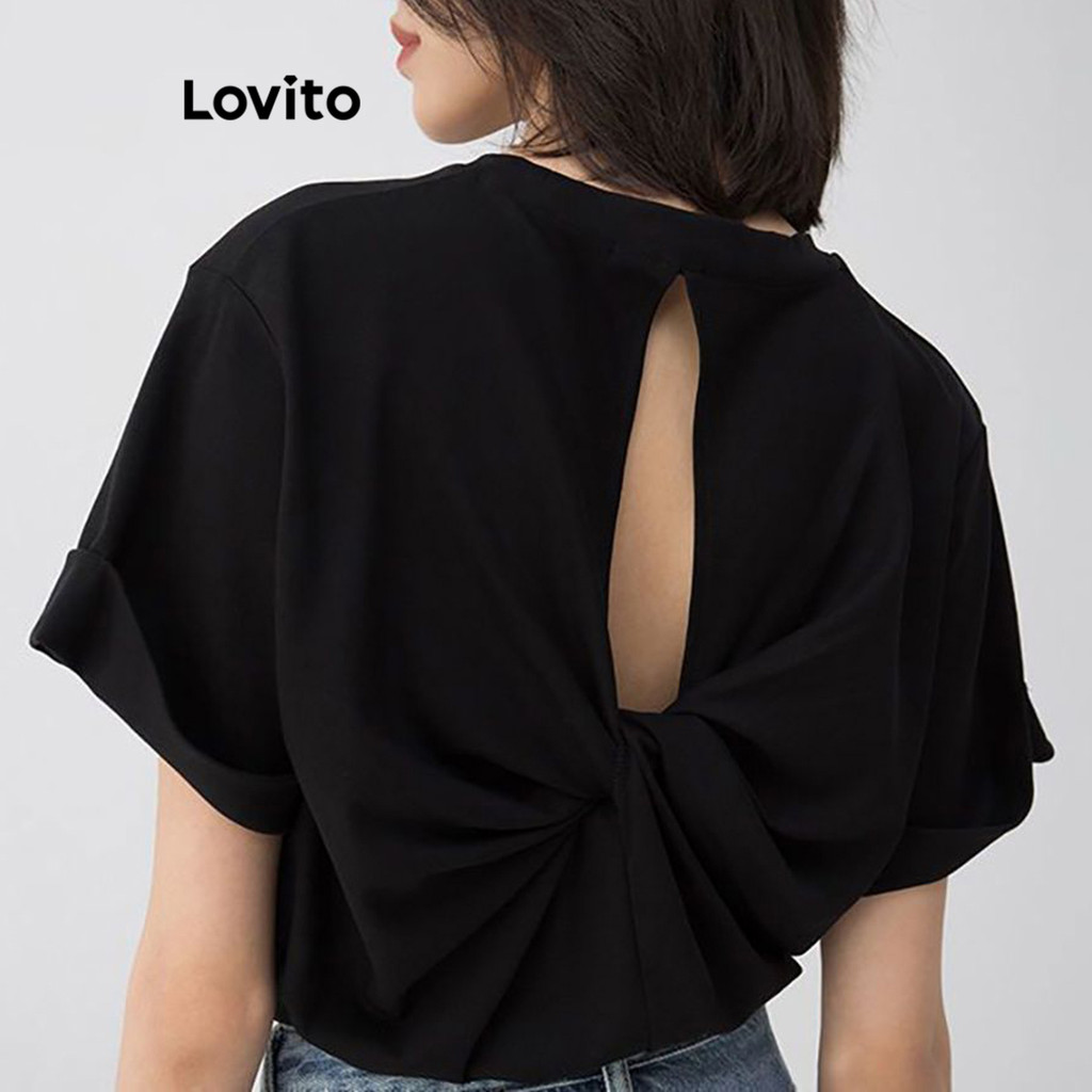 Lovito เสื้อยืดผู้หญิง เปิดหลัง สีพื้น สไตล์ลำลอง LNE39157 (สีดำ)