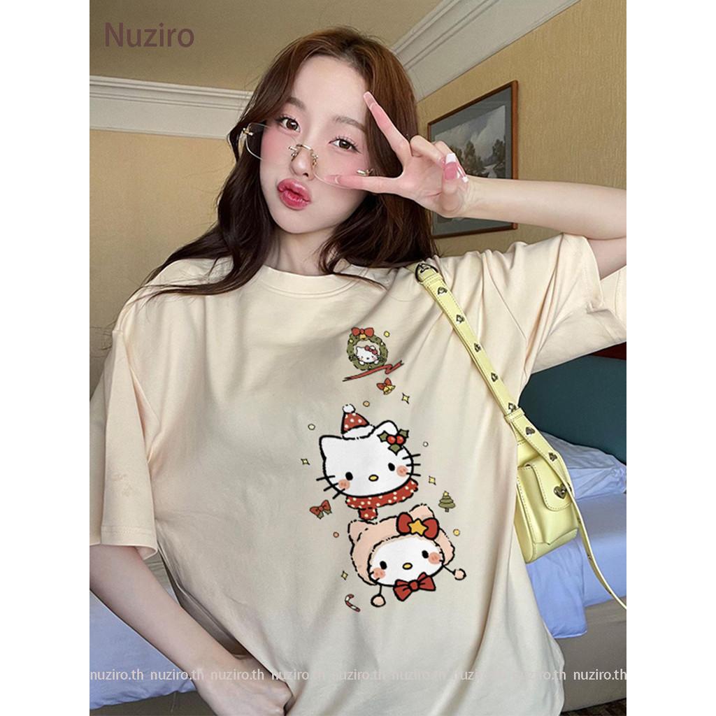 Nuziro เสื้อยืด oversize - การ์ตูนน่ารัก hellokitty พิมพ์เสื้อยืดแขนสั้นสำหรับผู้หญิง #I916