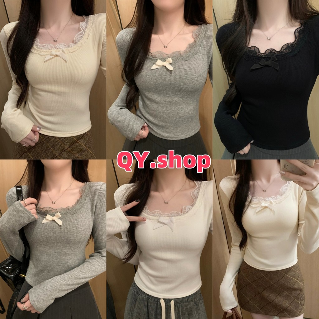 QY.Shop สินค้าราคาพิเศษ เสื้อแขนยาวคอกลม สีพื้น ผ้าร่องเล็ก น่ารักคาวาอี้มีฟองน้ำ "FY714"