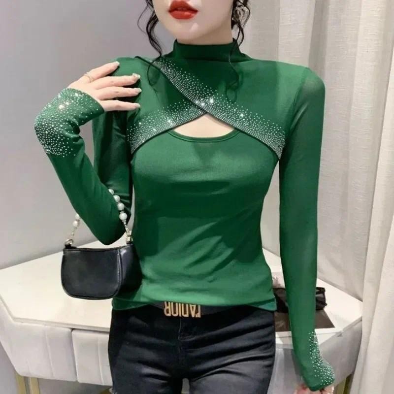 แฟชั่นเลื่อมฤดูใบไม้ผลิฤดูใบไม้ร่วง Rhinestone เสื้อผู้หญิง Glitter แขนยาว T เสื้อผู้หญิงเสื้อผ้าผู้หญิง 2025 ขายหญิง Kpop