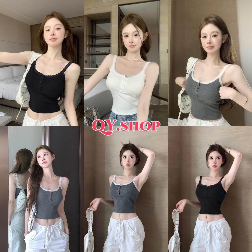 QY.Shop เสื้อกล้ามมีฟองน้ำ ดีเทลกระดุมด้านหน้า น่ารักๆ สีพื้นยืดตามตัว "FY6873#1"