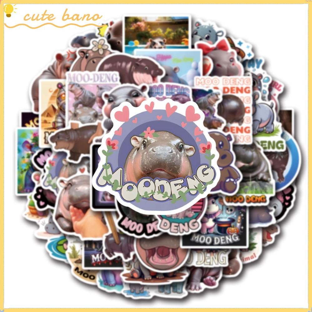 Bano1 50PCS สติกเกอร์สัตว์,การ์ตูน Kawaii สติกเกอร์,กันน้ํา Moo Deng สมุดภาพกระเป๋าเดินทางแล็ปท็อปกีตาร์ตกแต่ง Hippopotamus สติกเกอร์สําหรับเด็กเด็ก