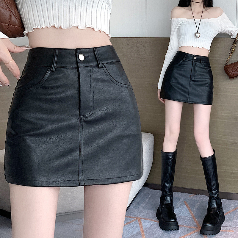M‌AI กระโปรงหนังสีดำ เอวสูง A-line ภายในมีกระดุมและซิปด้านหน้า เซ็กซี่สลิมมิ่ง เหมาะกับการเดินเที่ยว/ทำงาน