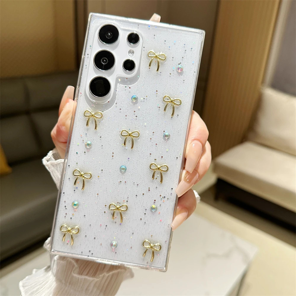 น่ารัก 3D โลหะ Bowknot Pearl Epoxy เคสโทรศัพท์ Samsung Galaxy S24 Ultra 22 S24 Plus 23 FE Clear Soft กันกระแทกปกหลัง