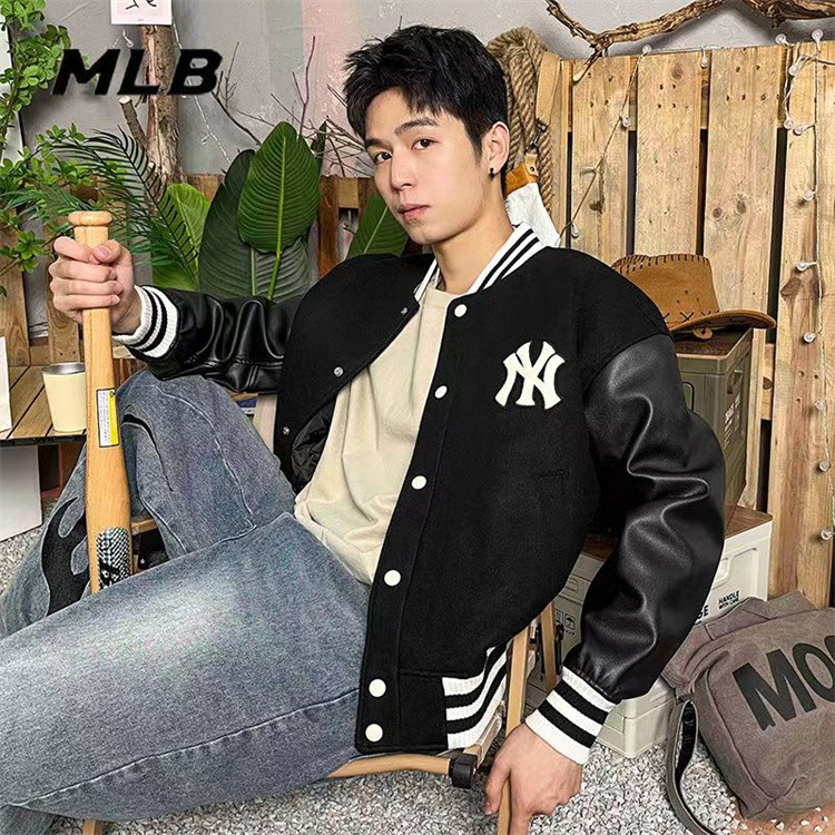 Mlb Unisex ปักโลโก้ลายสีบล็อกเสื้อแจ็คเก็ตเบสบอลสไตล์เกาหลีคู่ฤดูใบไม้ร่วงและฤดูหนาวแฟชั่นเสื้อแจ็คเก็ตคาร์ดิแกนติดกระดุมอเนกประสงค์