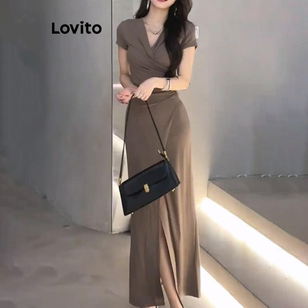 Lovito เดรสผู้หญิง แต่งผ่า สีพื้น สไตล์หรูหรา LNM67044