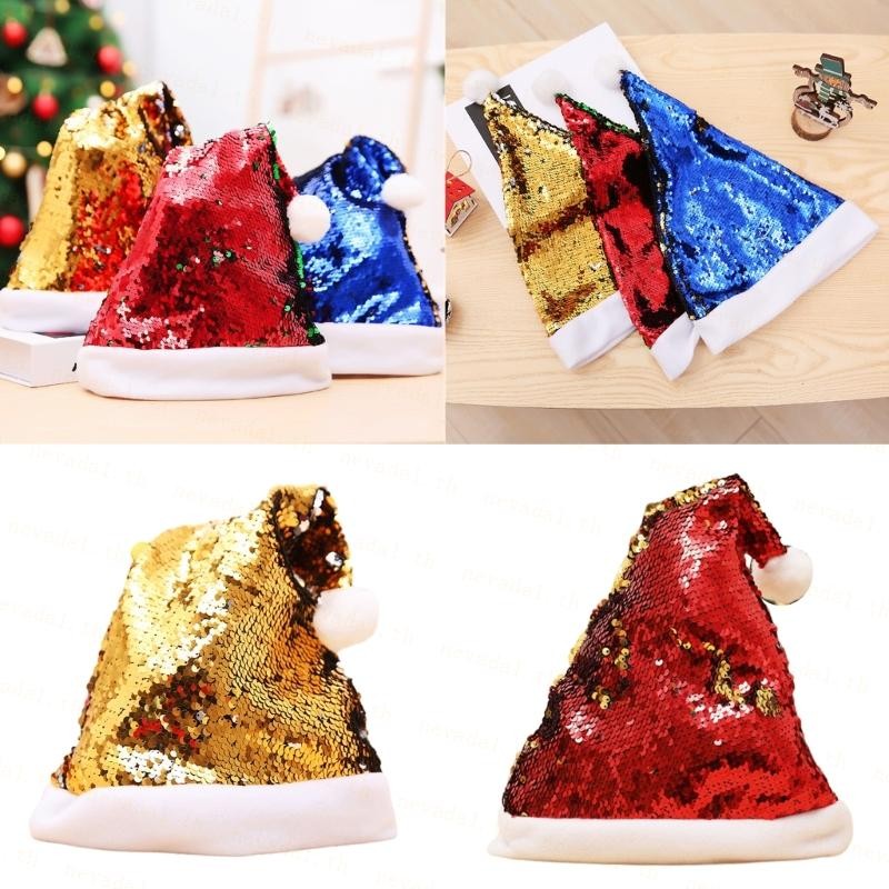 ʚɞ Ne ʚɞ เลื่อมคริสต์มาสหมวกวันหยุด Glitter Santa หมวกสีคู่พลิกเลื่อมหมวกคริสต์มาส Santa Clauses หมวก Party D
