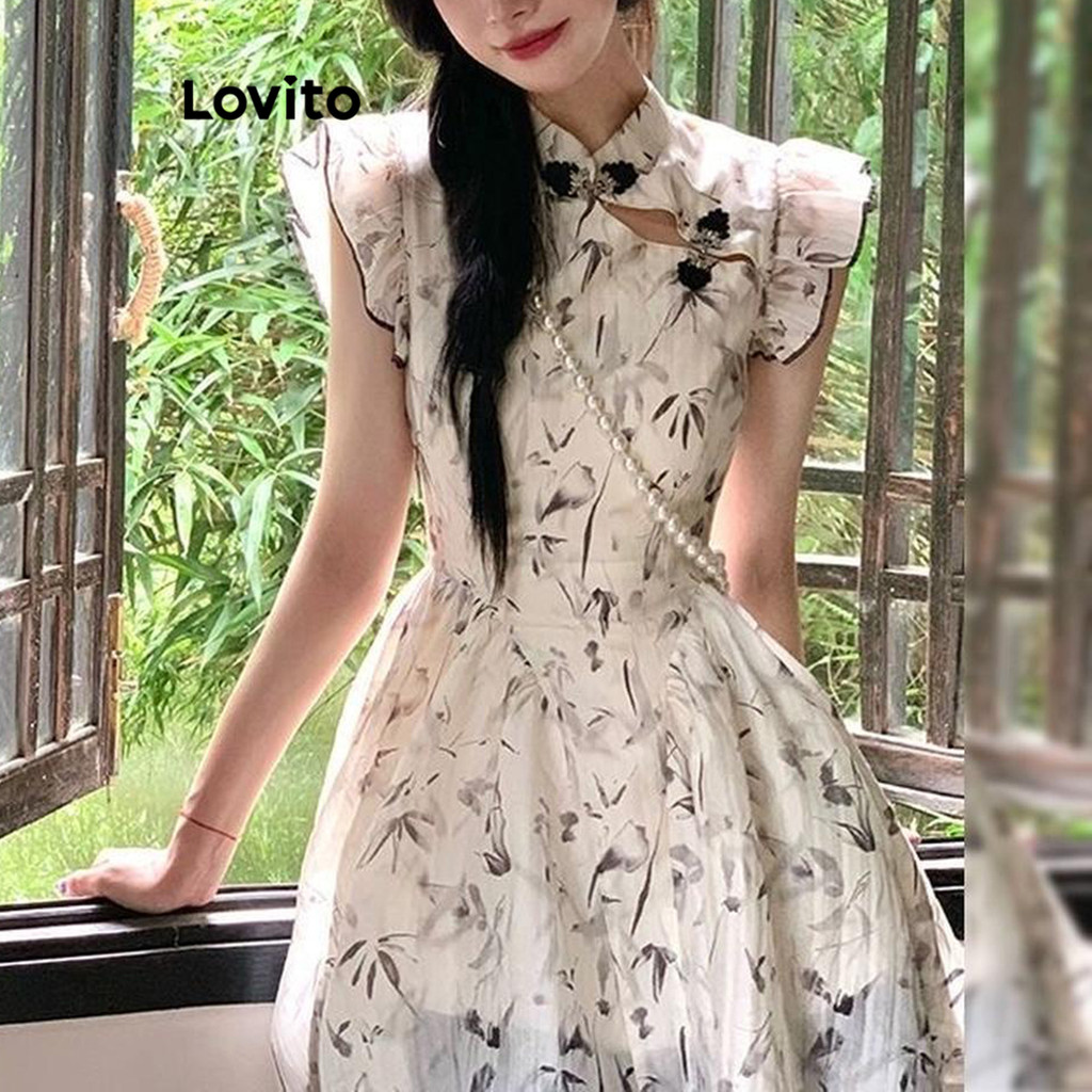 Lovito เดรสผู้หญิง มีลาย สไตล์ลำลอง LNA69353