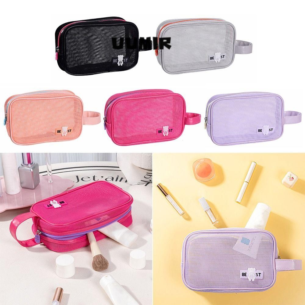 Uumir กระเป๋าแต่งหน้า, กระเป๋าเครื่องสําอางมีซิปความจุขนาดใหญ่, ตาข่ายแบบพกพาพร้อมที่จับถุงเก็บอุปกรณ์อาบน้ํา
