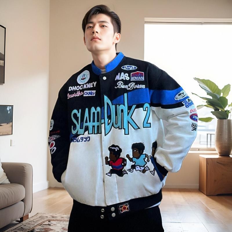 สแลม ดังค์ การ์ตูนปักรถจักรยานยนต์เบสบอลเครื่องแบบผู้ชายผู้หญิงสไตล์อเมริกันคู่ฤดูใบไม้ผลิฤดูใบไม้ร่วงแจ็คเก็ต150กิโลกรัมสามารถสวมใส่