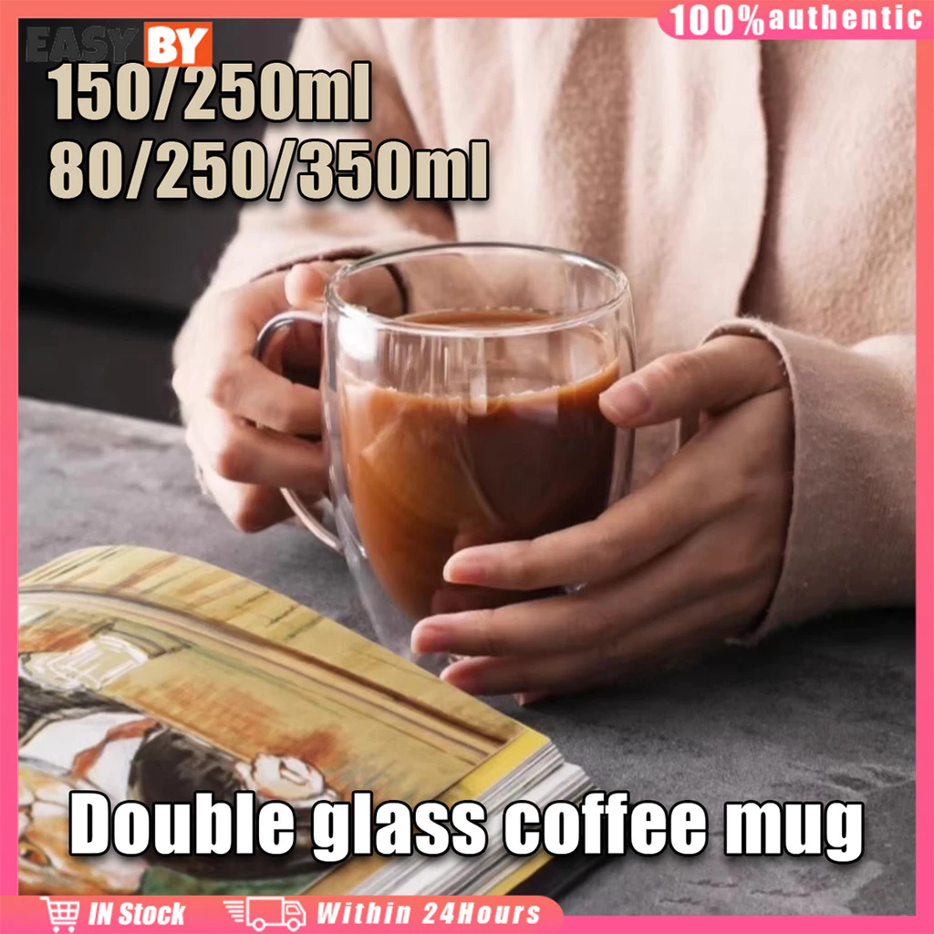 จัดส่งรวดเร็ว แก้วกาแฟ 2ชั้น มีหูจับ ถ้วย150มล.250มล.350มล.สีใส Coffee Glass สำหรับคาเฟ่ ร้านกาแฟ