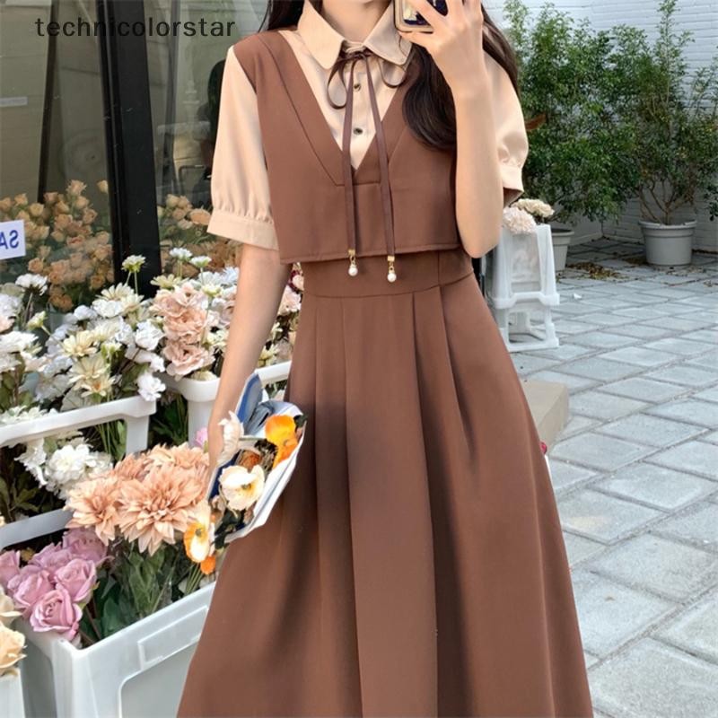 Trsr A-line ง่ายปลอมสองชิ้นชุดเกาหลีแฟชั่น Preppy สไตล์ฤดูร้อน Vintage ผู้หญิง Maxi ชุด Jelly