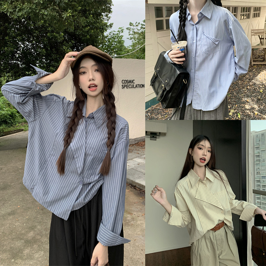 🌻Grace🌻 ชุดนิสิตผู้หญิง เสื้อแฟชั่นผู้หญิง เสื้อเชิ้ตแขนยาวลายทางสีน้ำเงิน เสื้อผ้าสไตล์เกาหลี #W406/W407
