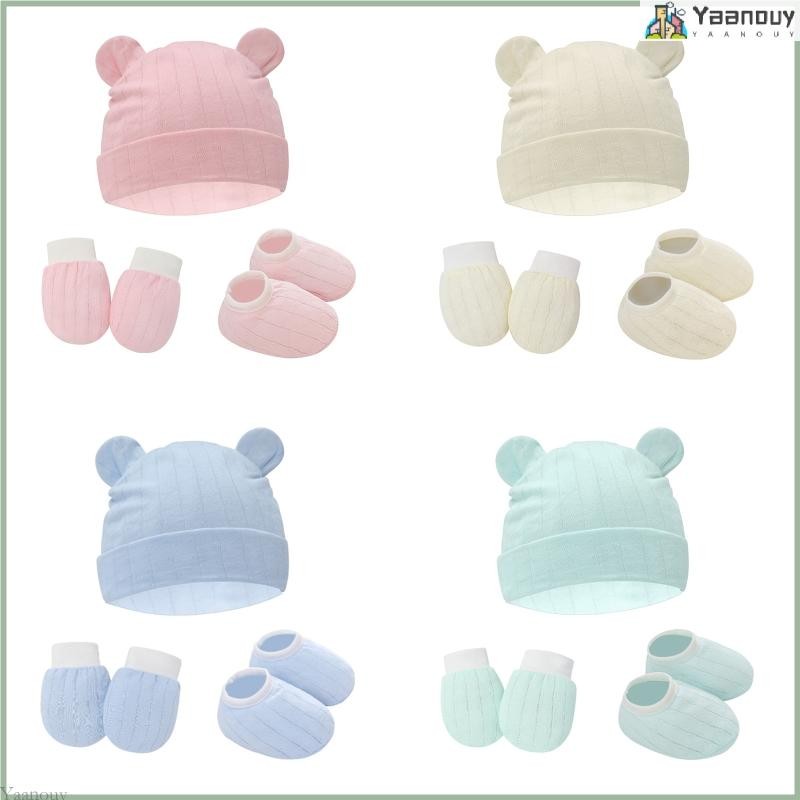 Yaa 1 ชุดเด็ก Anti Scratching ถุงมือน่ารักหูหมวกชุดผ้าฝ้ายนุ่มทารกแรกเกิด Scratch Mittens ถุงเท้า Beanies Ca