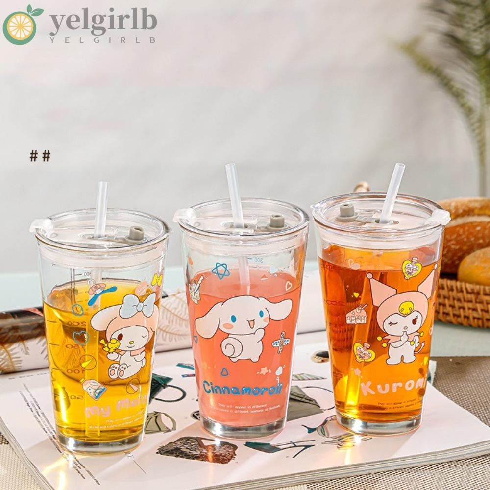 Yelgirlb ถ้วยน้ําแก้วฟาง, การ์ตูน Sanrio 400ml ถ้วยกาแฟ, คุโรมิเมโลดี้น่ารักพร้อมขวดน้ําผลไม้ Cinnamoroll Home Office