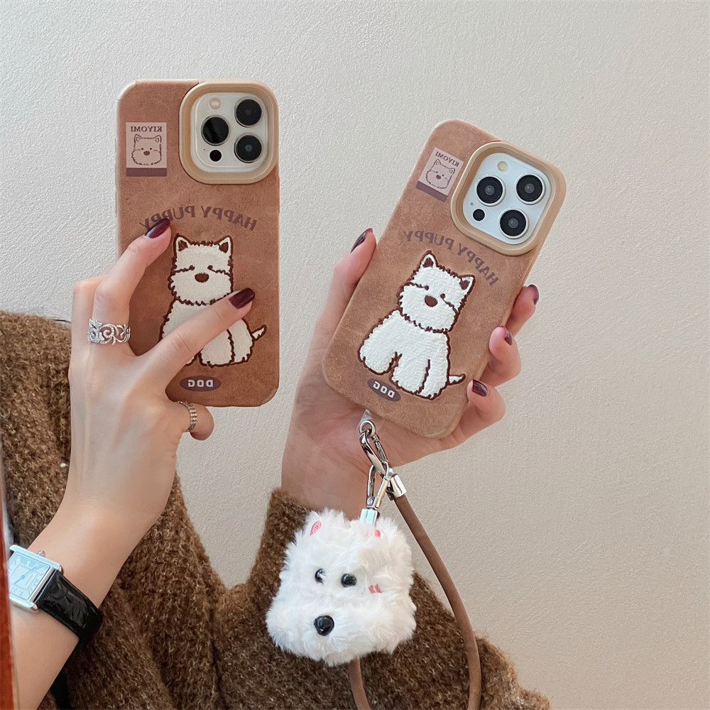 น่ารักการ์ตูนสุนัขสีขาวปักเคสโทรศัพท์สําหรับiphone 16 13 14 15 Pro Maxใหม่เย็บปักถักร้อยSoft TPUสําหรับiPhone15Promaxกรณีปลอก