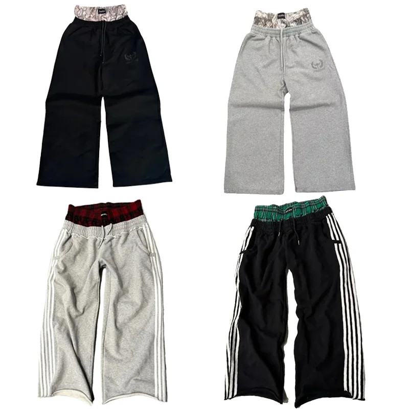 Y2k กางเกง vintage Harajuku คู่ปักเอว Sweatpants ผู้ชาย Wome Hip Hop Casual เอวสูงกางเกงขากว้าง Streetwear