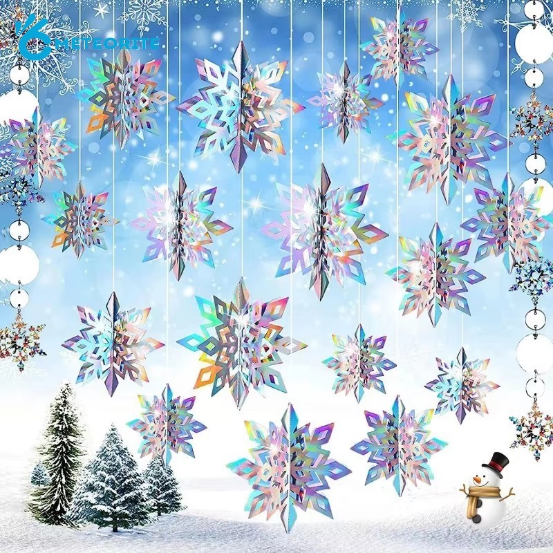 Glitter Snowflakes Xmas ปีใหม่แขวนเครื่องประดับ - 3D เกล็ดหิมะปลอม String Christmas Home Party Decor