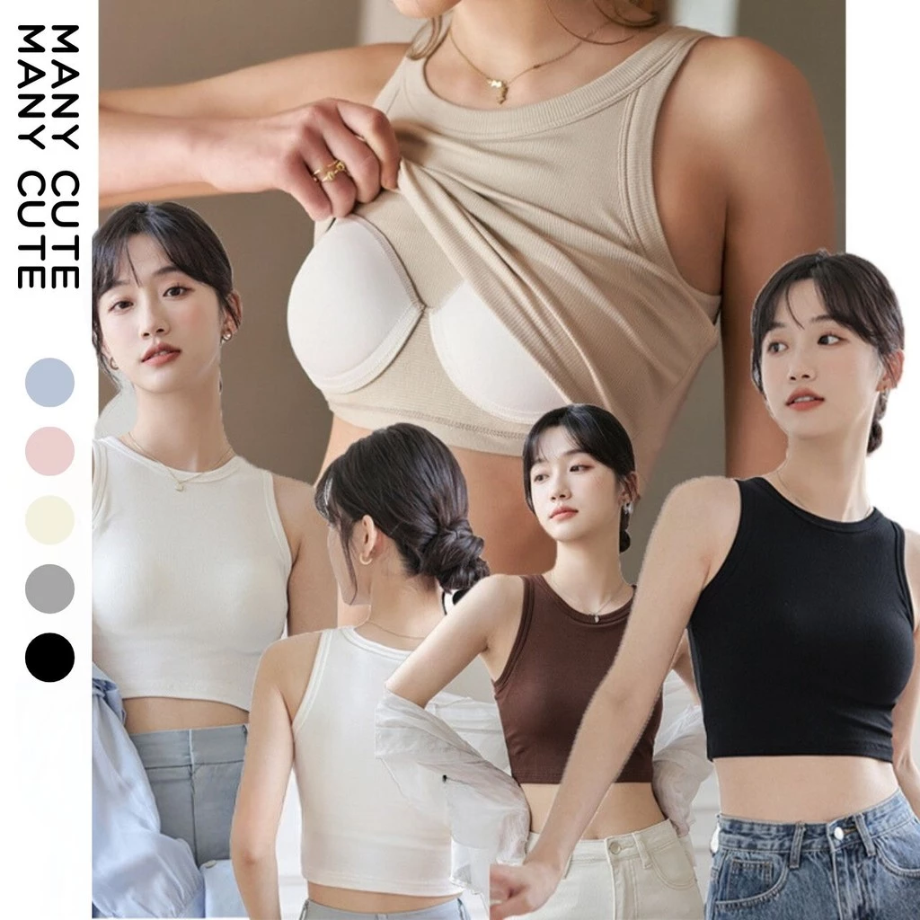 เสื้อกล้ามครอป มีฟองน้ำ เสื้อกล้ามมีบราในตัว เสื้อแขนกุด เนื้อผ้าดี ใส่สบายทรงกระชับ มี10สี ManyCute