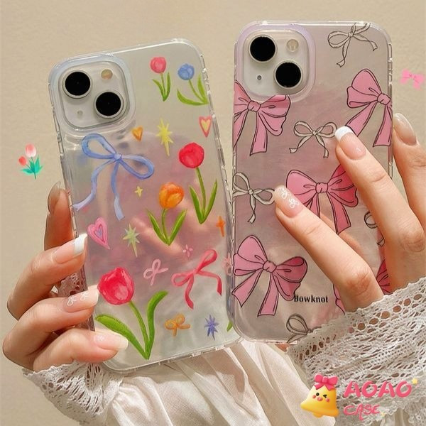 เคสไอโฟน 11 สำหรับ IPhone 15 16 13 12 14 11 Pro Max 16 7 8 Plus 16 11 12 Pro XR XS MAX X ปกอ่อนลายโบว์ทิวลิปแสนหวาน