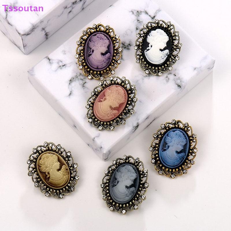 [TSST] Vintage Gothic สไตล์หัวรูปปั้น Cameo เข็มกลัด Rhinestone เข็มกลัดสําหรับผู้หญิง TAN